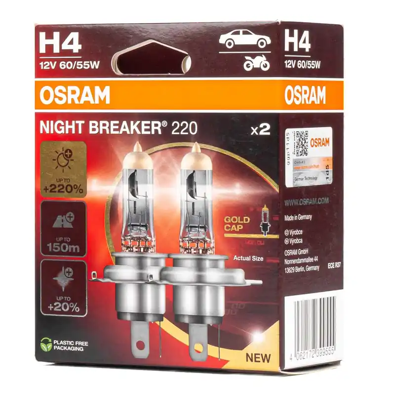 Halogeenipolttimo OSRAM H4 12V 60/55W P43T Night Breaker 200, 2 kpl Pikatoimitus